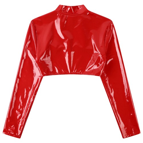 Women's Wet Look Patent Leather Crop Top Long Sleeve Front Zipper Tee Shirt Top - Picture 14 of 28