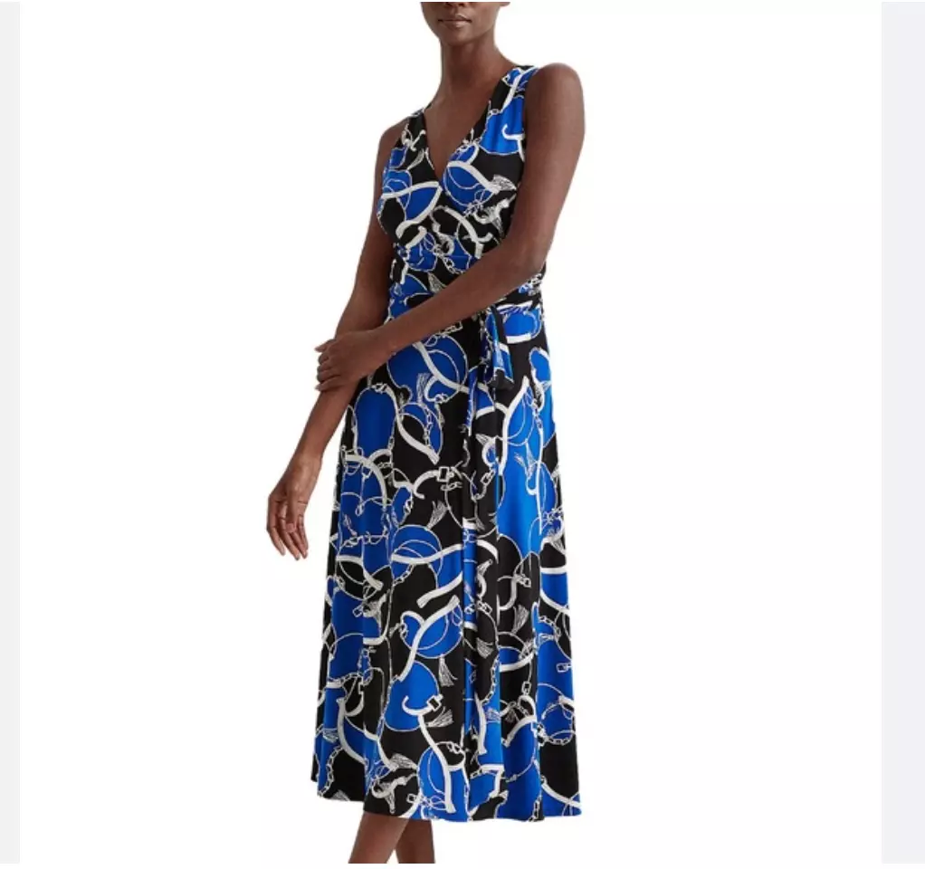 Lauren Ralph Lauren Cobalt Blue Black Chain Print Wrap Midi Dress Oldey M