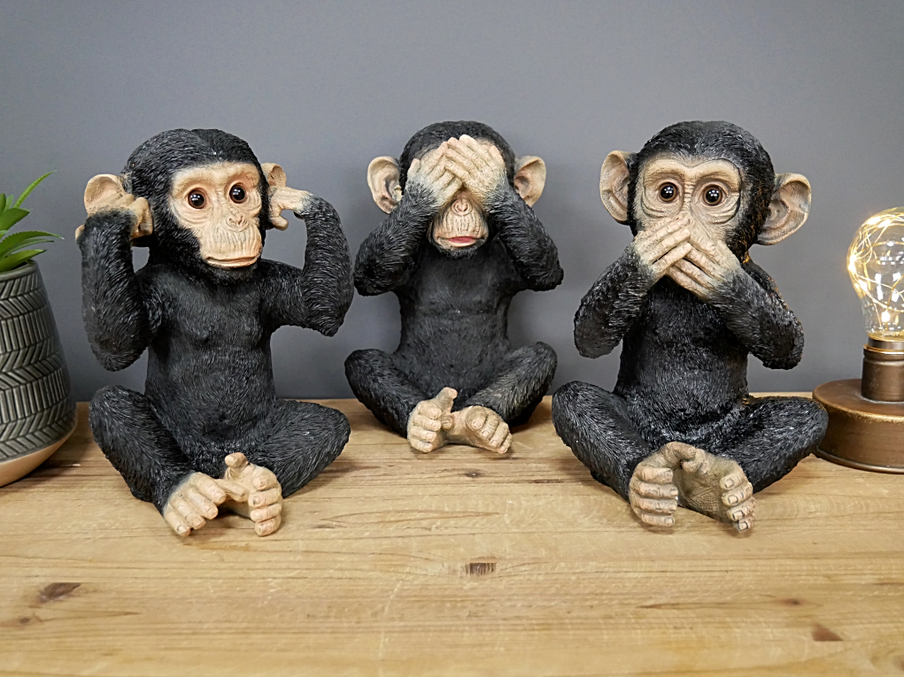New Set of 3 Chimp Monkey Ornaments See Hear Speak No Evil Decor