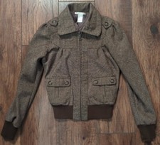Charlotte Russe Brown Tweed Style Lined Wool Blend Zip Up Long Sleeve Jacket S