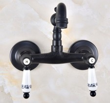Oil Rubbed Bronze Wall Mount Dual Handles Bathroom Sink Faucet Swivel Mixer Tap