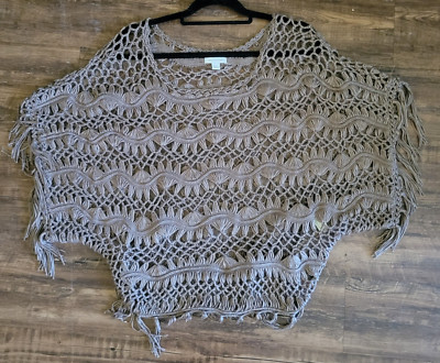 BOSTON PROPER BROWN EFFORTLESS CROCHET PULLOVER PONCHO SIZE L  BOHO FESTIVAL