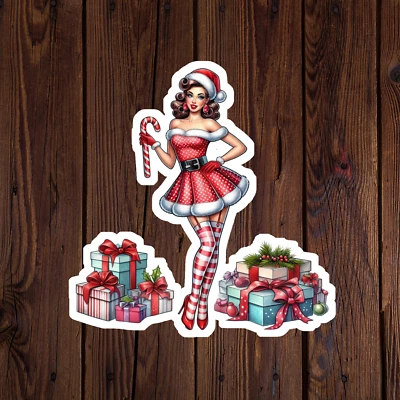BUMBLEBEE APPAREL Pinup girl sticker vinyl decal sexy christmas dress high heels red lips