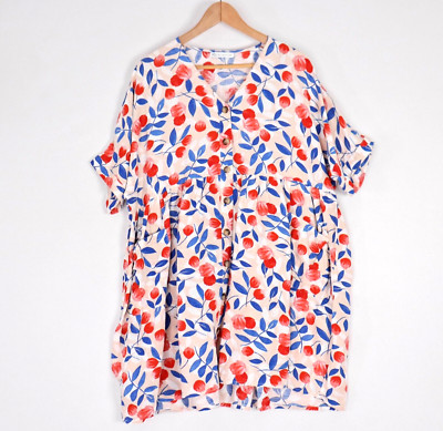 PQ Collection Smock Dress Size L XL Beige Red Blue Linen Blend Floral Pockets