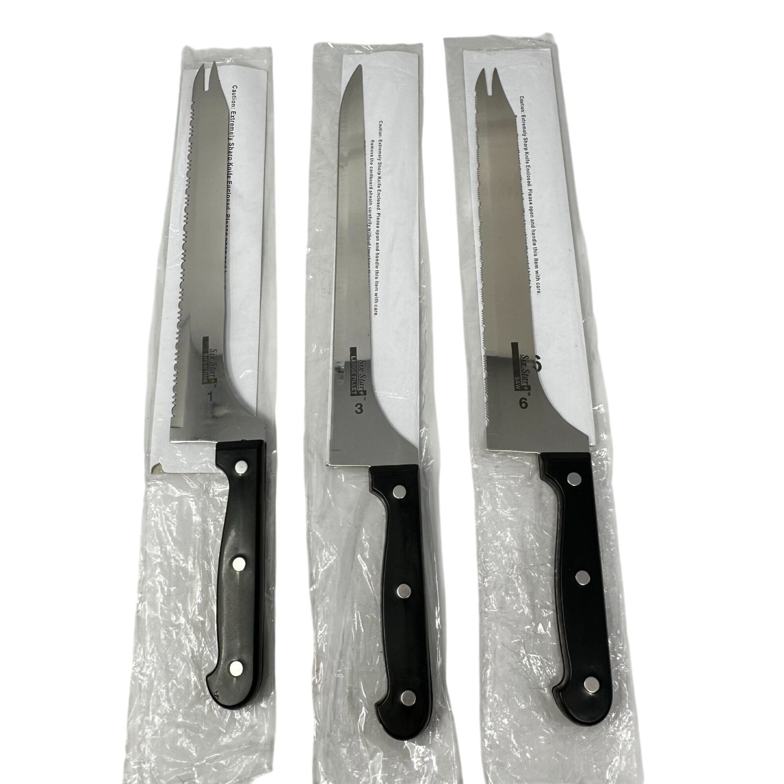 Ronco Six Star Knife Set 1 3 6 Showtime Large Fillet Saw Black Handle Stainless
