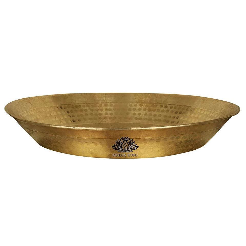 Handmade Brass Hammered Design Kitchenware Serving Food Platter Parat 14'' Gold - Image 2 of 3