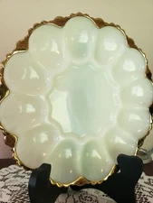 Vintage Anchor Hocking Fire King Gold Trim Milk Glass Deviled Egg Serving Tray