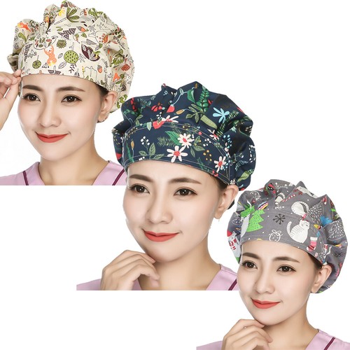 3PCS Bouffant Printed Scrub Caps w 
