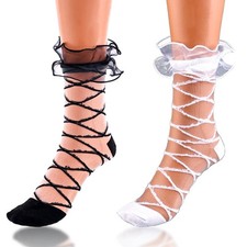 Ruffle See Through Socks - Sheer Tulle Cool Mesh Ankle Socks 2 Pairs, Black