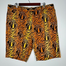 Pantalones Cortos Funky de Golf Royal & Awesome Para Hombre 40 Estampado de Tigre Frente Plano Naranja Negro
