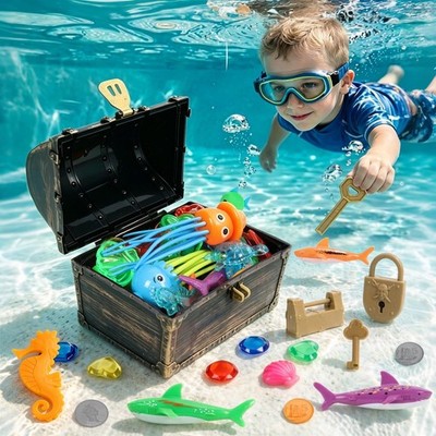 48PCS Pool Diving Toys Set - Pirate Treasure Chest with Gems, Fish, Locks & K...
