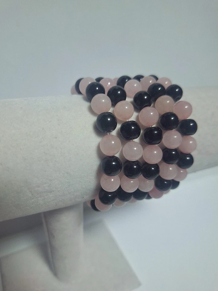 elastisches Perlenarmband aus Stein, Onyx und Rosenquarz Perlen - Bild 2 von 4