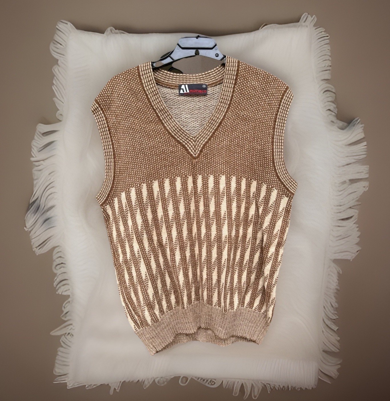 VTG Monaco Sweater Vest Men's 40 Med Brown Beige Wool  V-Neck Preppy Castlecore