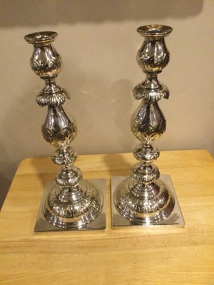 Antique Fraget N Plaque Candlesticks Pair Silver Plated 13  Tall  #3342