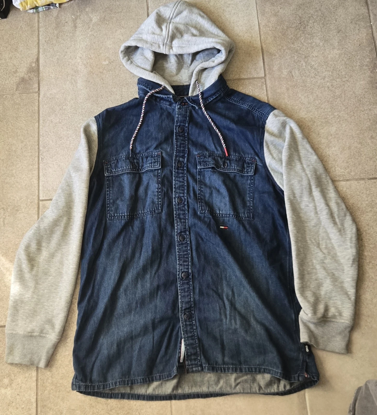 Tommy Hilfiger Denim Hoodie Shirt Jacket Shacket Sz L Streetwear Skater