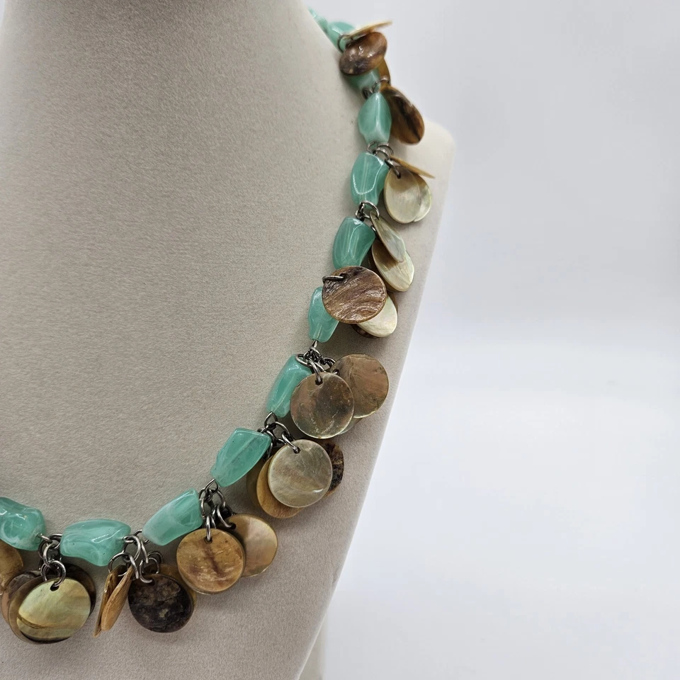 波西米亚声明项链绿色厚珠和棕色贝壳光盘可调节 — 第 3/4 张图片