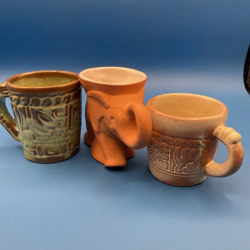 Vintage Frankoma Mayan-Aztec Mugs (7CL) Prairie Green Sapulpa Clay Tan Elephant