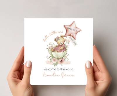Personalisierte neue Baby Mädchen Karte - Hello little one - Blush Pink Teddybär