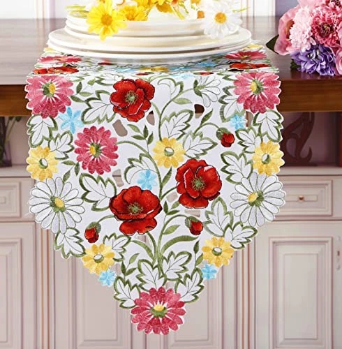 Spring Flower Table Runner Embroidered Runner 13"×36" Floral Table Runner Red - Image 3 of 4