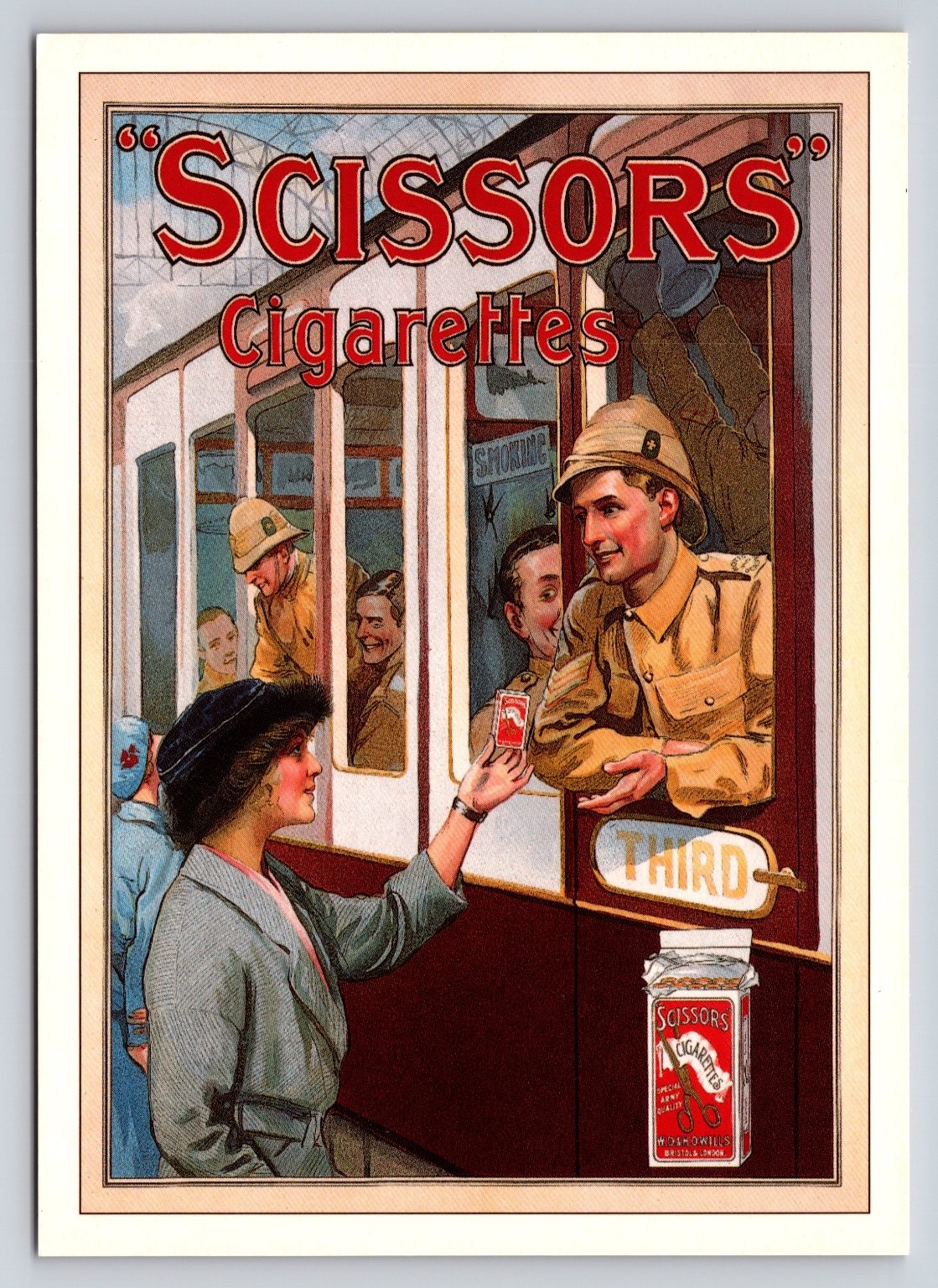 SCISSORS Cigarettes WWI Era Soldier Train Advertising Postcard Reprint-image