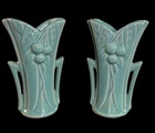 Pair MCCoy Pottery Double Handle Greenish Aqua  6" Vases Leaf Berries Art Deco