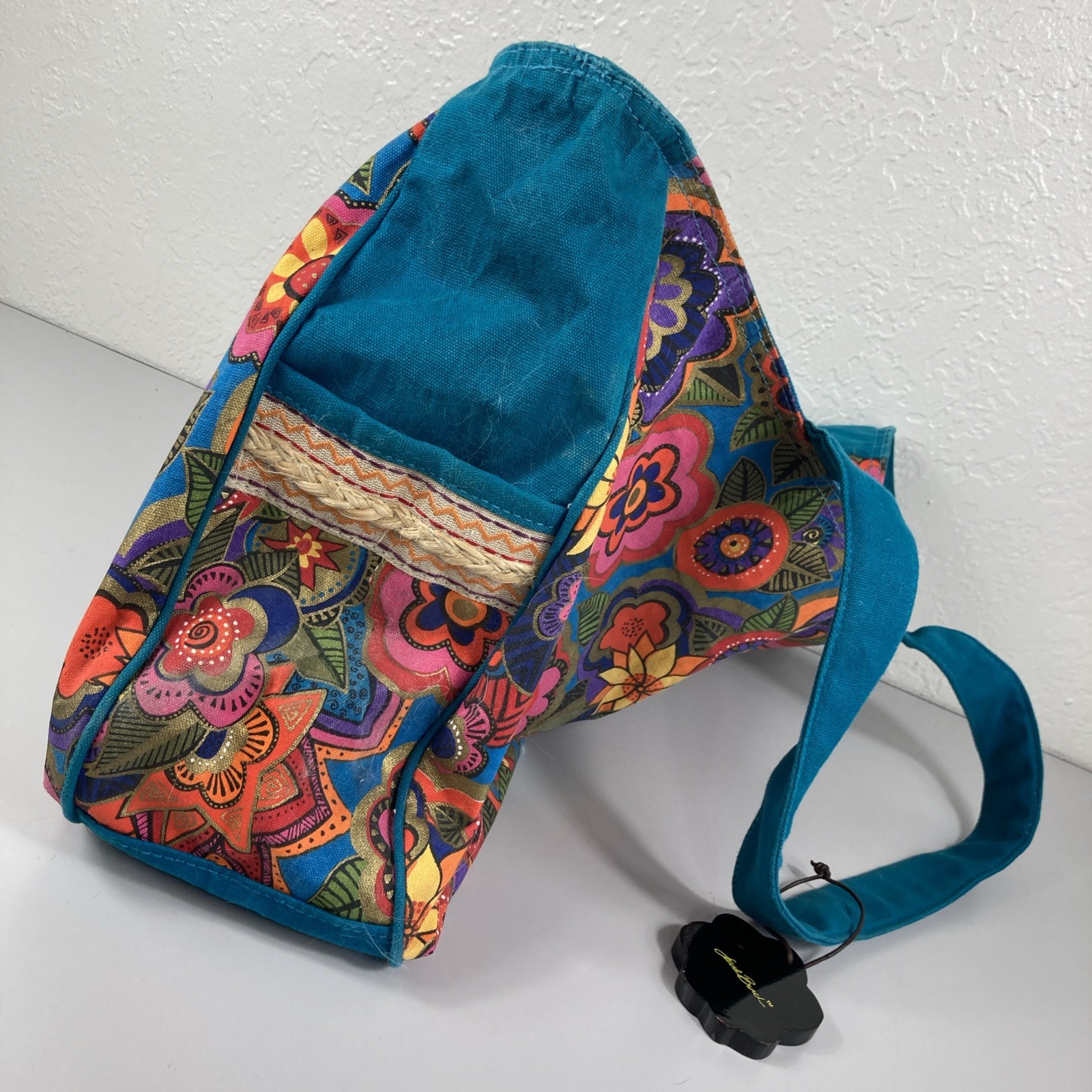 Sun N Sand Large Canvas Tote Bag Laurel Burch Floral Print End Pockets Zippered