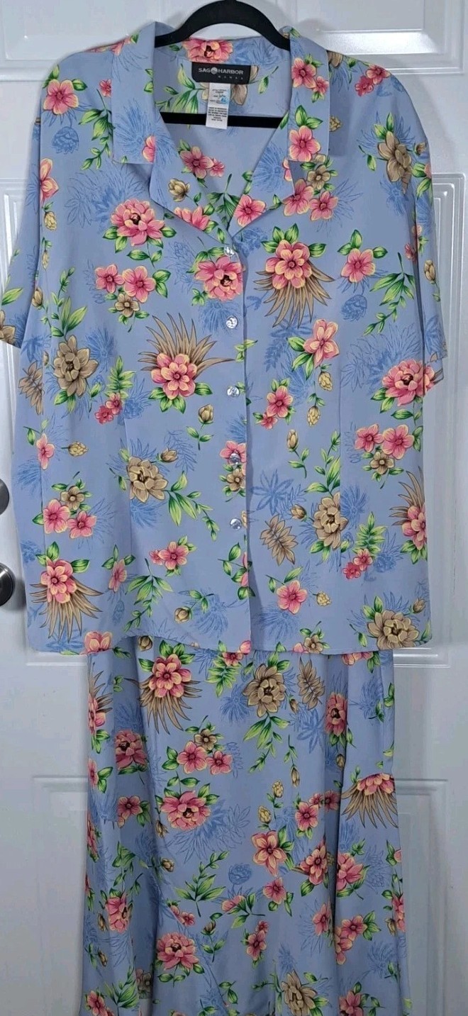 Sag Harbor Woman 2 Piece Skirt & Shirt Set Womens Size 24 Blue Tropical Floral