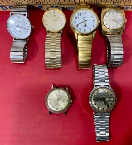 6 Vintage Mens Timex Watch Lot Quartz Analog Indiglo Hand Wind Parts or Repair
