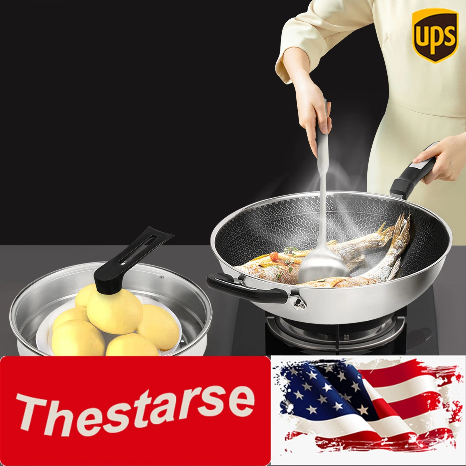 Large Cooking Nonstick Honeycomb Wok Pan w/Lid & Stainless Steel Steamer Pot USA