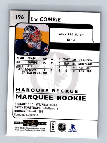 2017-18 O-Pee-Chee Platinum #196 Eric Comrie RC Winnipeg Jets - Picture 2 of 2