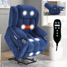 Blue Chenille Power Lift Massage Recliner - 350 LBS, 8-Point Vibration, Heating