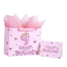 9th Birthday Gift Bag for Girls, Pink 3D Number 9 Balloons and Hearts Age 9
