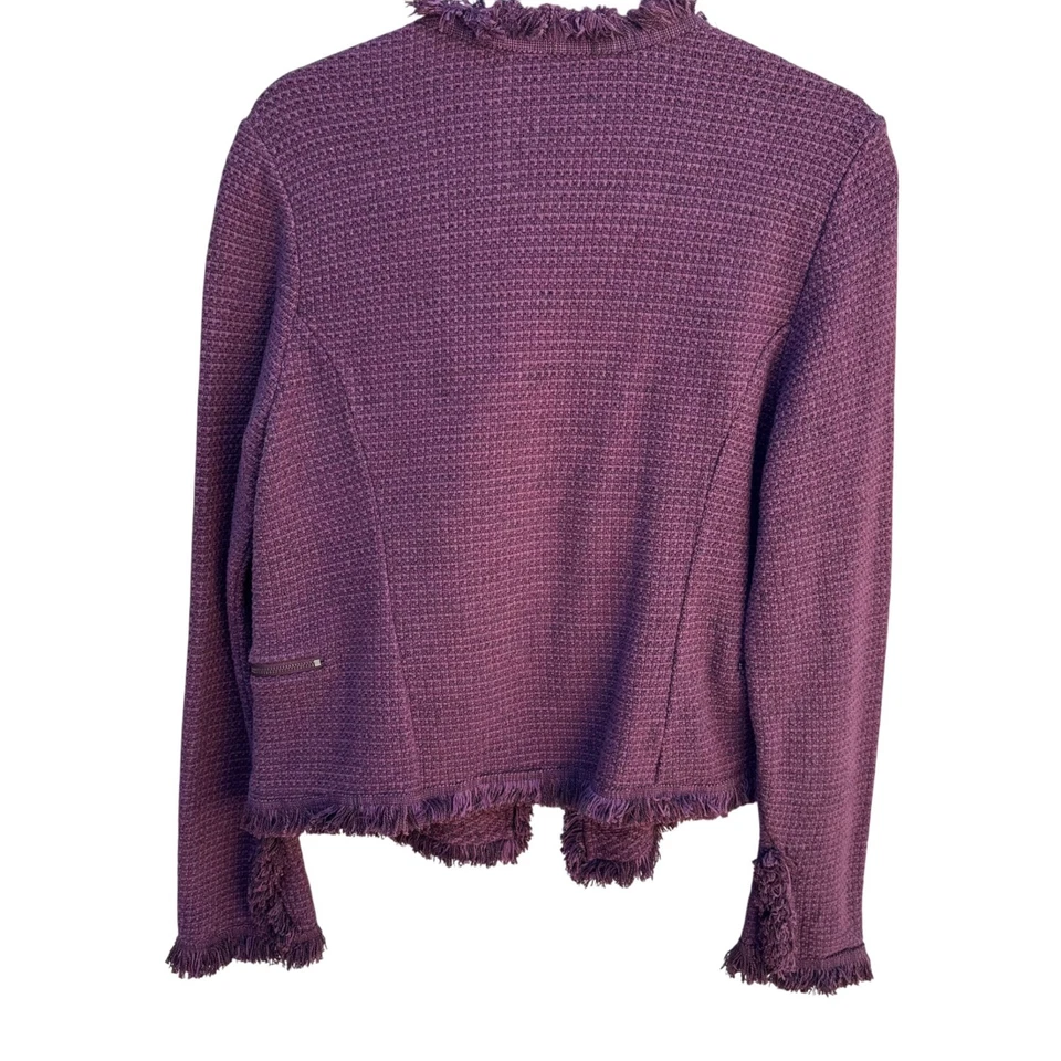 Nic+Zoe Purple Fringe Tweed Chic Textured Open Front Zip Pockets Blazer Jacket L - Image 4 of 4