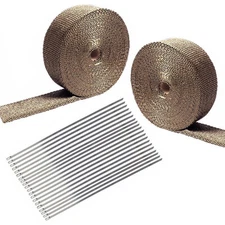 2 Rolls 2"x 50ft Thermal Header Pipe Tape Titanium Lava Exhaust Wrap 20 Ties Kit