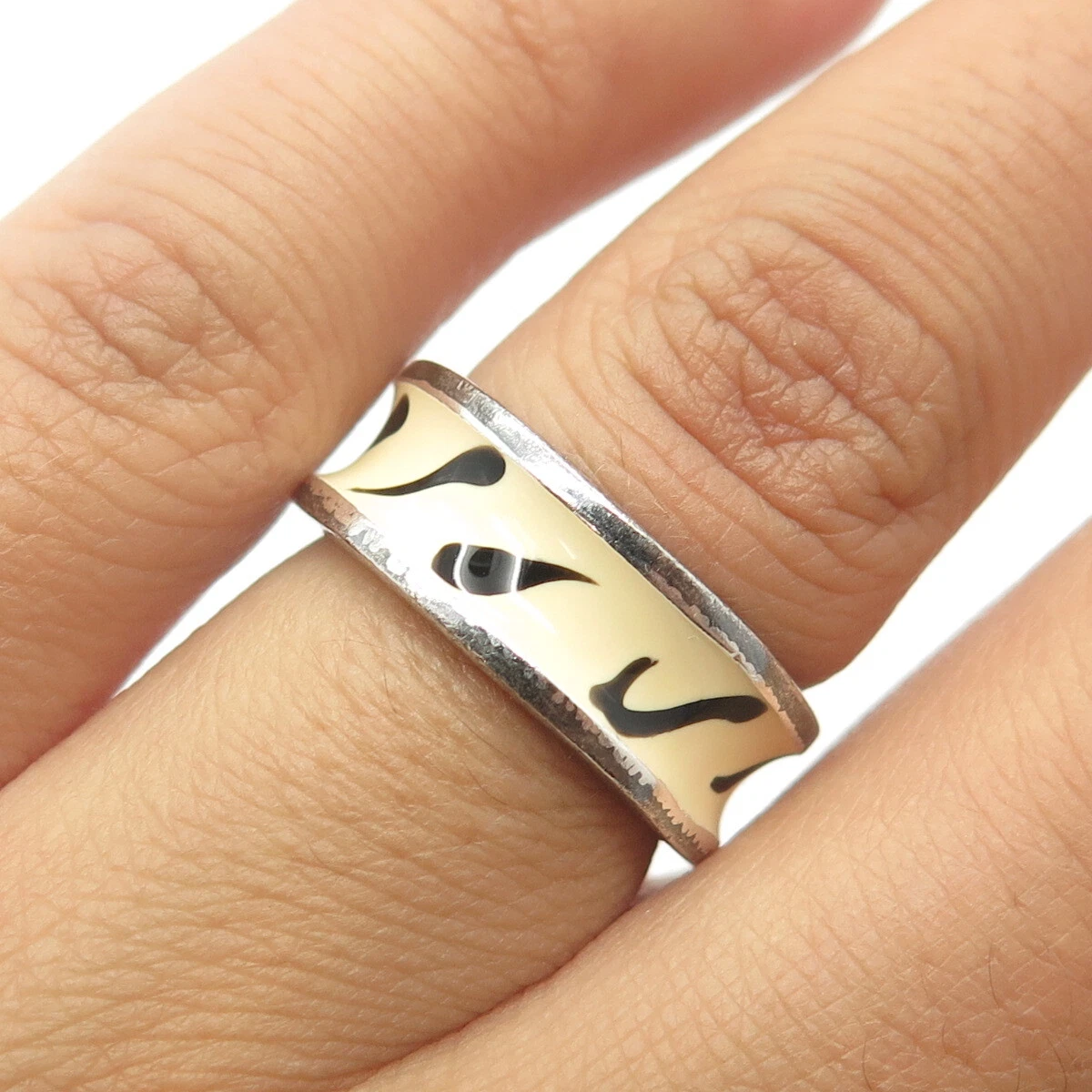 925 Sterling Silver Vintage Milor Italy Enamel Animal Print Band Ring Size 6.5