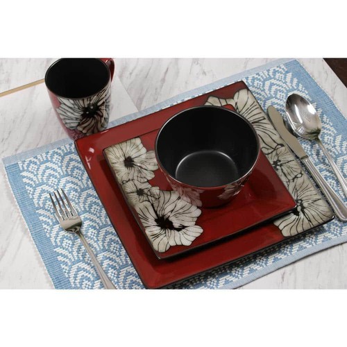 Elama Dinnerware Sets 16-Piece Asian Inspired Red Earthenware (Service for 4) - Bild 3 von 5