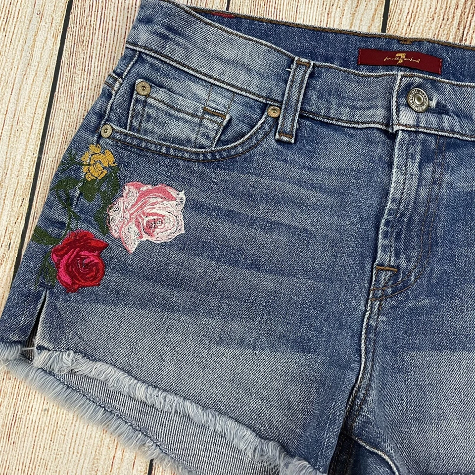 Pantalones Cortos de Jean 7 For All Mankind Cortados Elastizados Rosa Jardín Floral Bordado 26 Foto 3 de 4