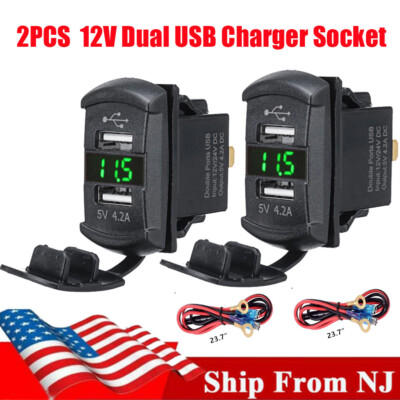 2pcs 12V Dual USB Port Charger Rocker+Green Voltmeter Display Rocker Switch
