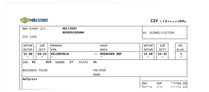 Zugticket/Railjet: Budapest - München 15/16 August business class
