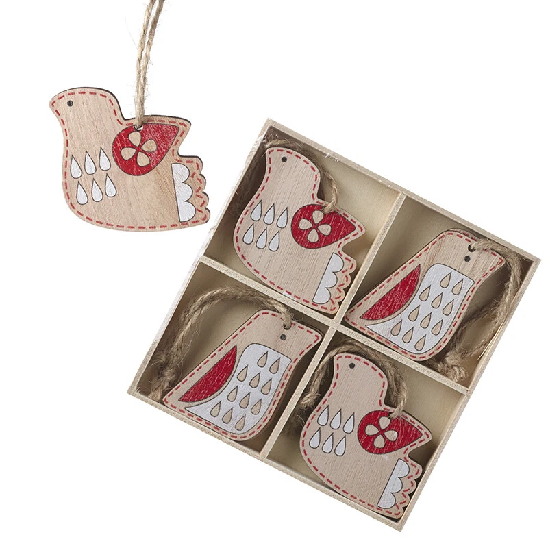 Heaven Sends Festive Set of 8 Wooden Birds Hanging Christmas Tree Decorations