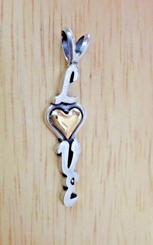 Sterling Silver & 14K Gold Heart 32x8mm says Love Charm Pendant - Picture 2 of 5