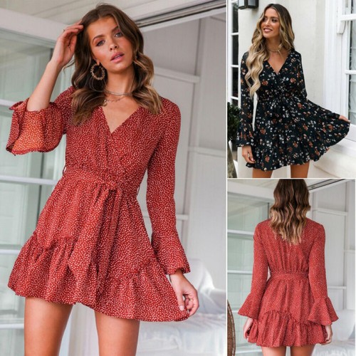 Summer Dress Women Long Sleeve Sexy Flower Printed Mini Dresses Ladies Casual V- - Picture 11 of 11