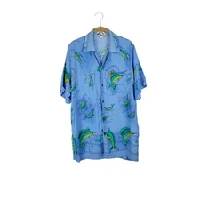 Paradise Found Hawaiian Shirt Fish Shark Print Blue Rayon Short Sleeve Medium