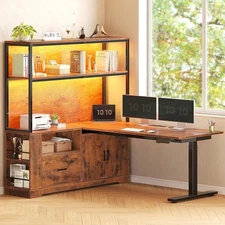 L Shaped Standing Desk, Stand Up Corner Computer Desk with LED Lights and Drawer