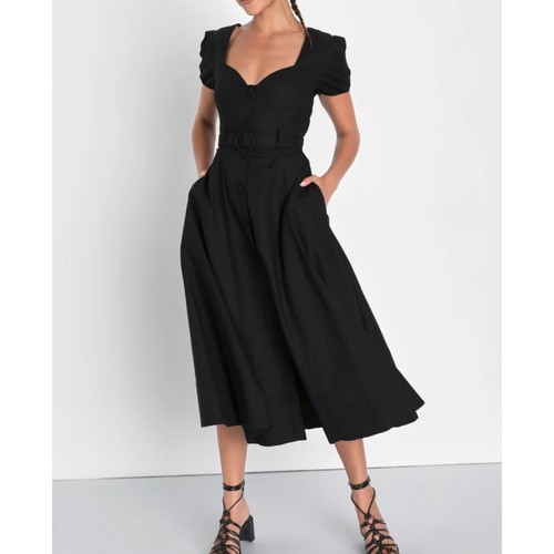 NWT Lulu’s size medium black cotton linen blend midi dress with pockets