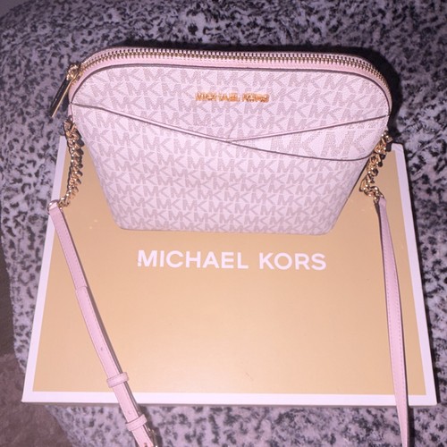 Michael Kors Small Pink Logo Crossbody Bag Zip Gold Hardware Detachable Strap