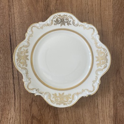 Vintage Hutschenreuth Off White & Gold Floral Plate 8  Scalloped Edge Bavaria