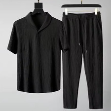 Men's 2 Piece Summer Outfit Textured Shirt  Drawstring Pants Casual Set