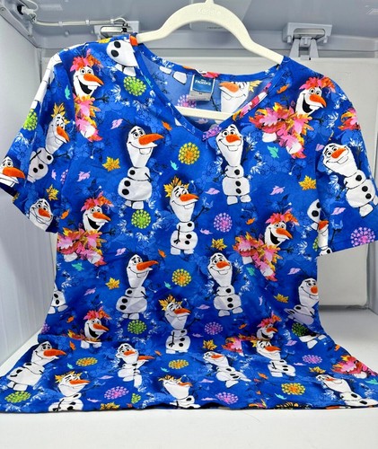 Disney Frozen II Olaf Scrub Top Medium Blue Floral All Over Print Nursing