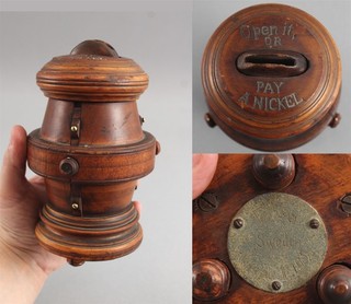 RARE Antique Swedish Carved Walnut Turned Wood Mechanical Puzzle Box Bank NR